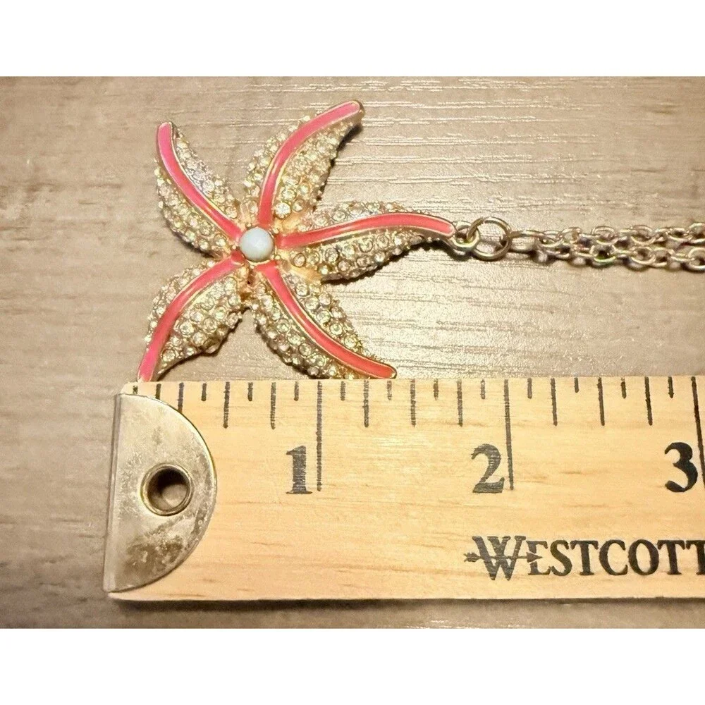 Starfish Enamel Pendant Rhinestone and Beaded Necklace Salmon 35”